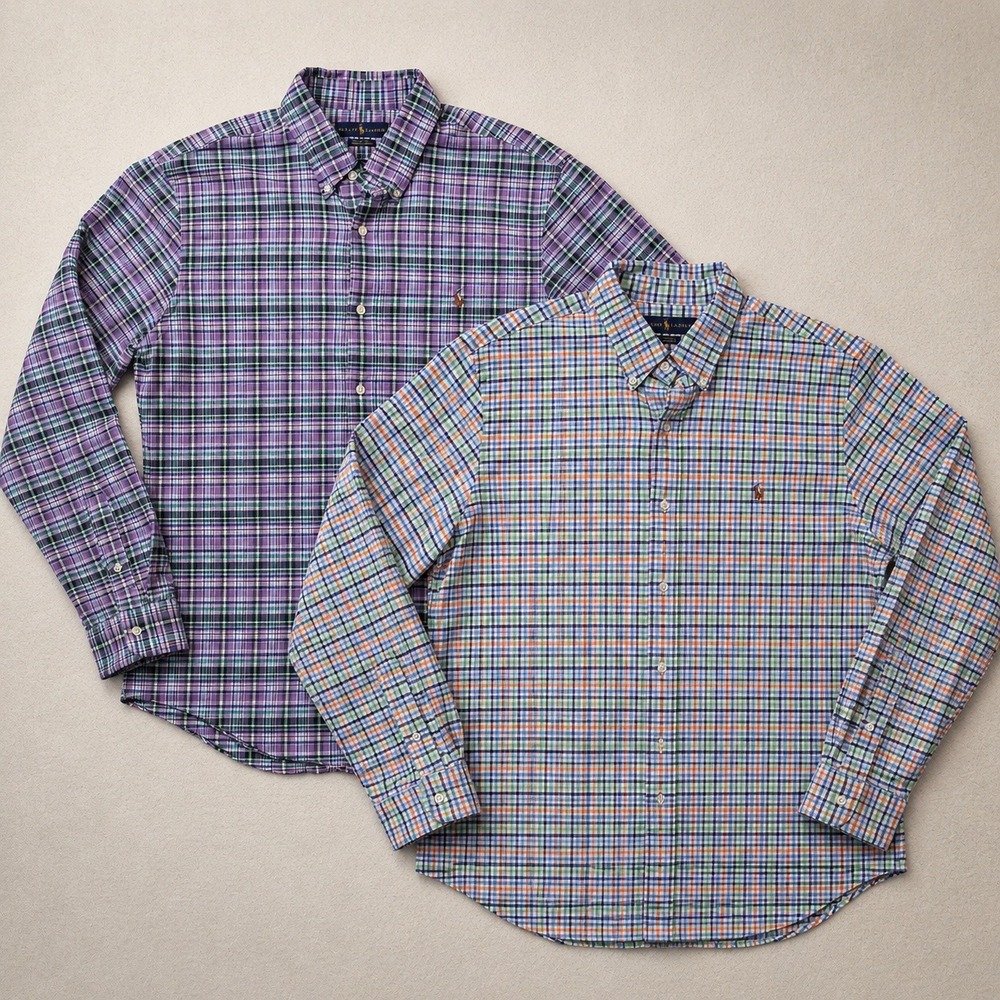 Ralph Lauren Slim Fit Stretch Oxford Shirt Bundle 2PK Plaid Mens XL Long Sleeve